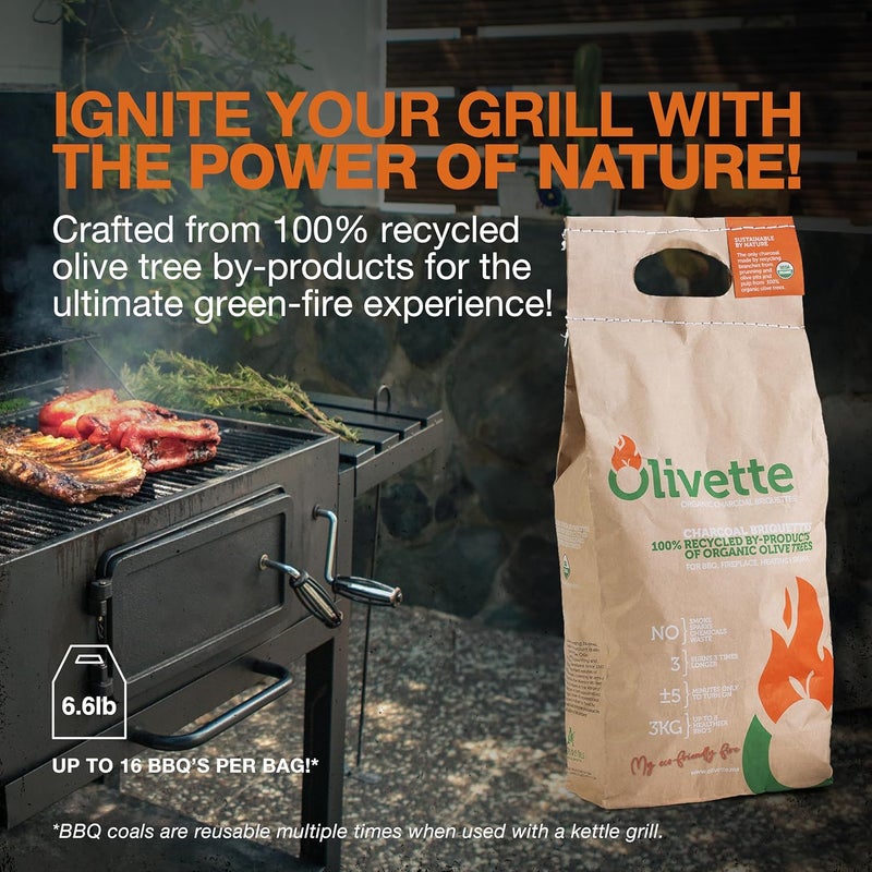 Olivette Organic Charcoal Briquettes by , Reusable Charcoal for Grilling, USDA Certified, Recycled Olive Tree Byproduct, Ready to Light BBQ Charcoal, 6.6 lb. Bag Equal to 20 lb. of a Regular Charcoal - Image 2