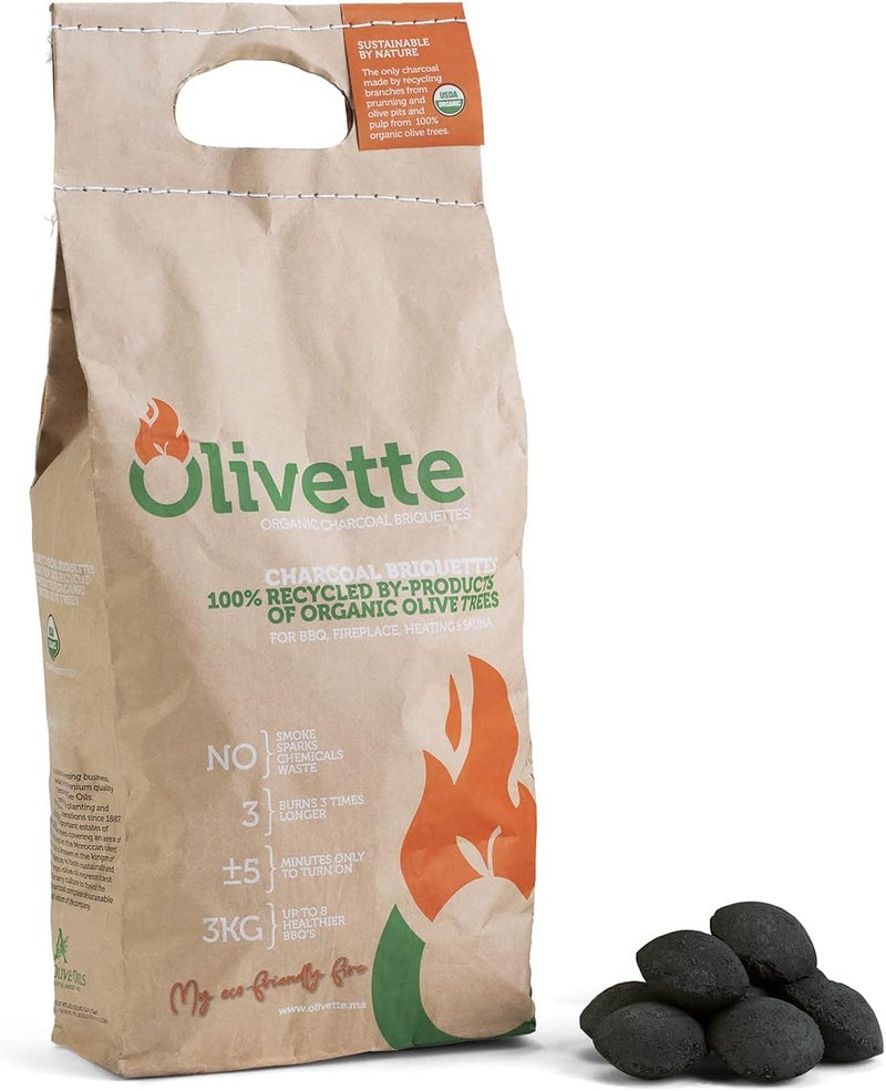 Olivette Organic Charcoal Briquettes by , Reusable Charcoal for Grilling, USDA Certified, Recycled Olive Tree Byproduct, Ready to Light BBQ Charcoal, 6.6 lb. Bag Equal to 20 lb. of a Regular Charcoal - Image 1