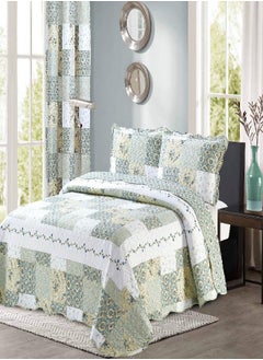 All American Collection All American Collection New Reversible 3pc Floral Printed Patchwork Blue/Green Bedspread/Quilt Set Matching Curtains Available (King/Cal King Size) 