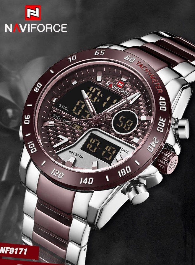 نافيفورس ساعة يد رجالية فاخرة ماركة عسكرية رقمية رياضية للرجال بسوار من الفولاذ ساعة كوارتز متعددة الوظائف للرجال NF9171 - Image 1