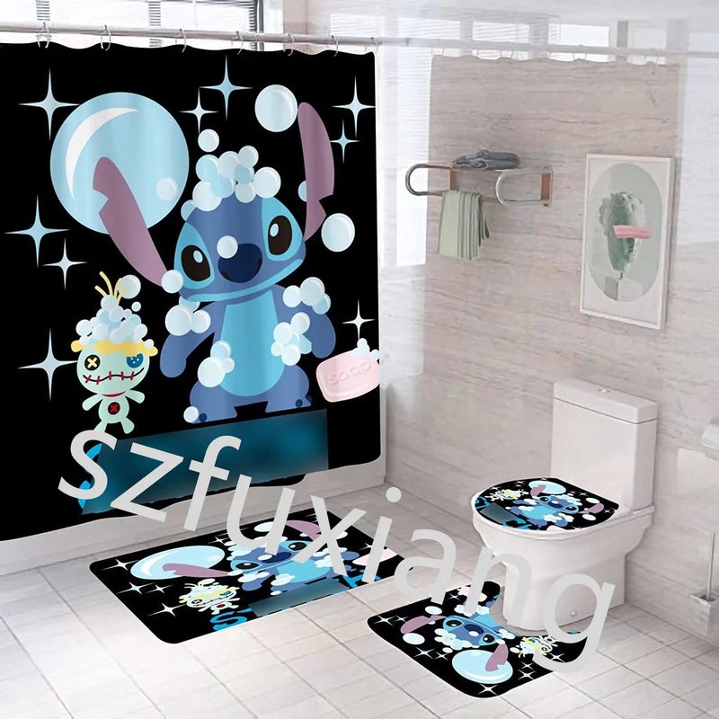 Y&D ized Cartoon Classic Animation Character Stitch 3D Bathroom Waterproof Shower Curtain 4Pcs Set With Hooks & Mat - Image 3