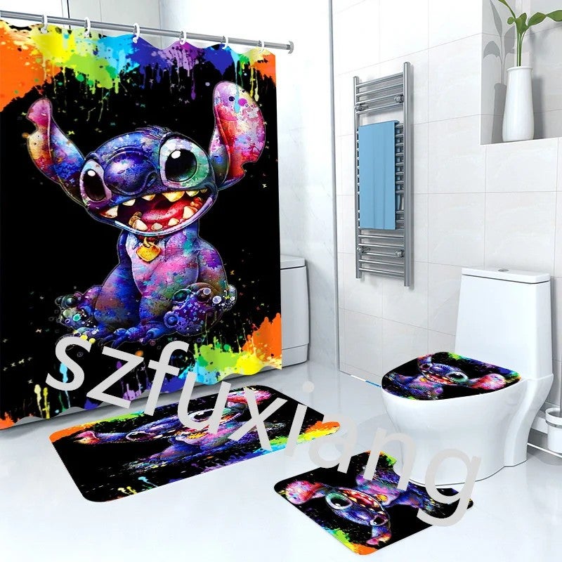 Y&D ized Cartoon Classic Animation Character Stitch 3D Bathroom Waterproof Shower Curtain 4Pcs Set With Hooks & Mat - Image 1