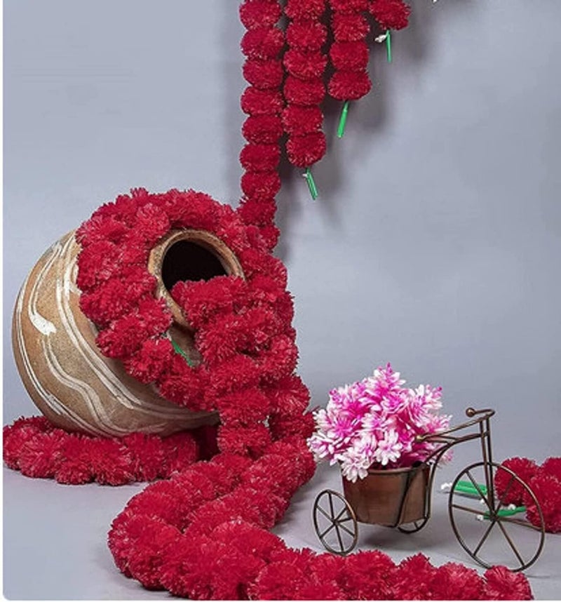 ABHAAS Artificial Marigold Fluffy Flowers for Decoration Garlands for Decoration Pooja Room Toran Indian genda phool for Wedding Festivals Diwali pongal /4.7 Feet/Set of 5 Mala (Rani) - Image 1