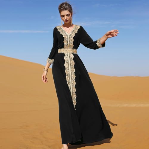IDOPIP Embroidery Abayas for Women Muslim Moroccan Floral Maxi Kaftan Dresses Islamic Dubai Robe Arabic Dress Ramadan Eid Party Casual Evening Full Length Cover Gown Prayer Clothes Black XL - Image 3