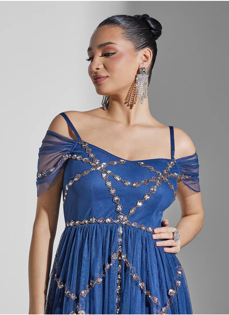 مايا Embellished Mesh Detail High Low Dress