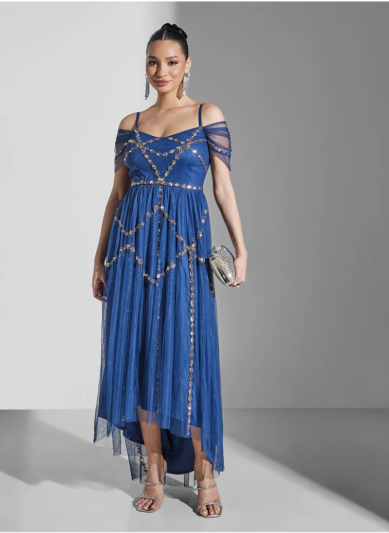 مايا Embellished Mesh Detail High Low Dress