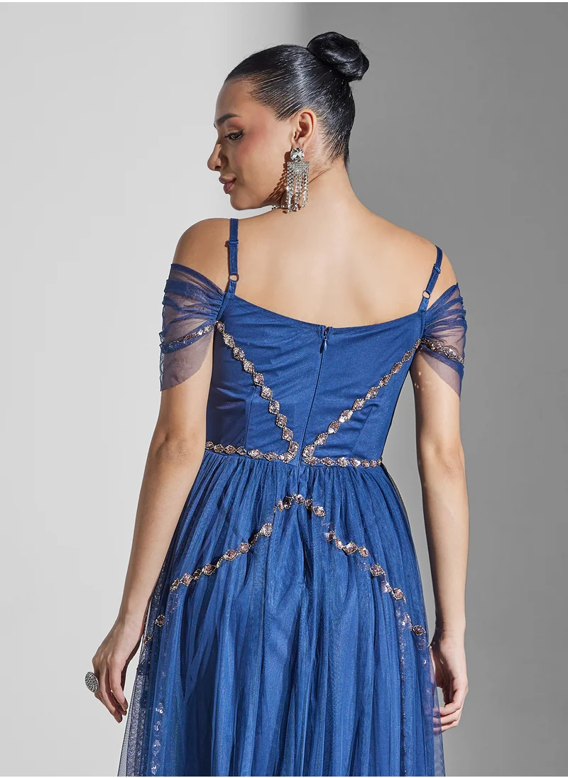 مايا Embellished Mesh Detail High Low Dress
