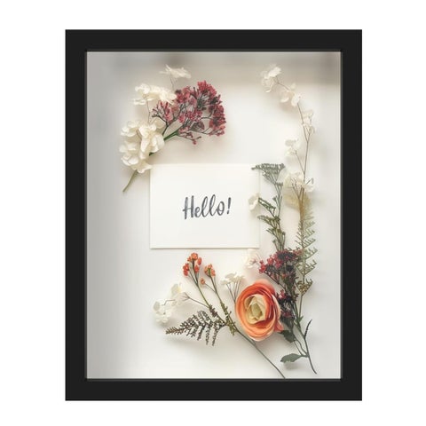 FrameWorks 11 x 14 Black Wooden Shadow Box Frame  Display Case with Soft Felt Back Memory Box with Tempered Glass Display Box with Elegant White Ball Push Pins Wooden Flower Box