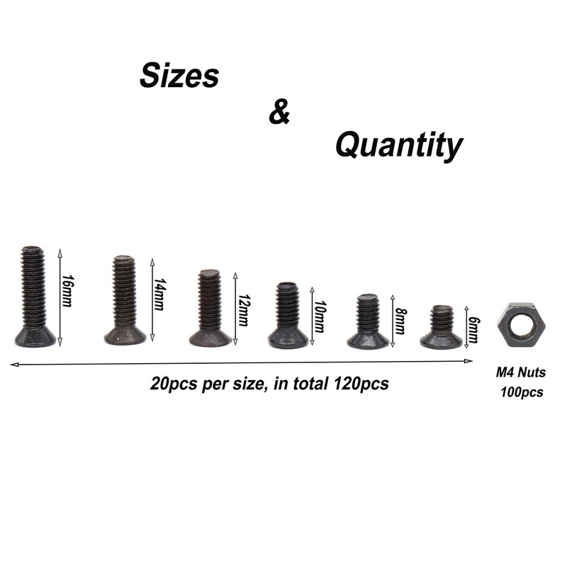 BinifiMux M4 Flat Head Screws and Hex Nuts Phillips, Countersunk Machine Screws, 220pcs (6 Sizes) Black Bolts Nuts Assortment for TV Stand, Computer Repairing, DIY - Image 3