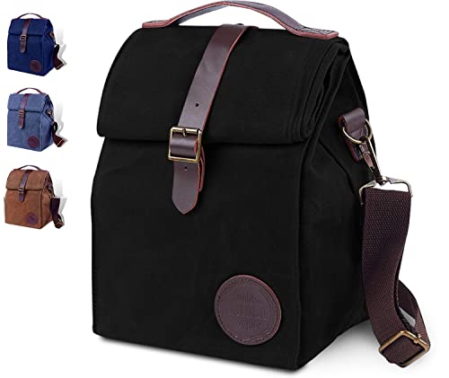 ASEBBO Insulated Lunch Bag for Women Men Reusable Leak Proof Lunch Box Cooler Bag for Work Beach Travel for Adults with Shoulder Strap Fathers Day Gift Waxed Canvas Black Reusable Bag