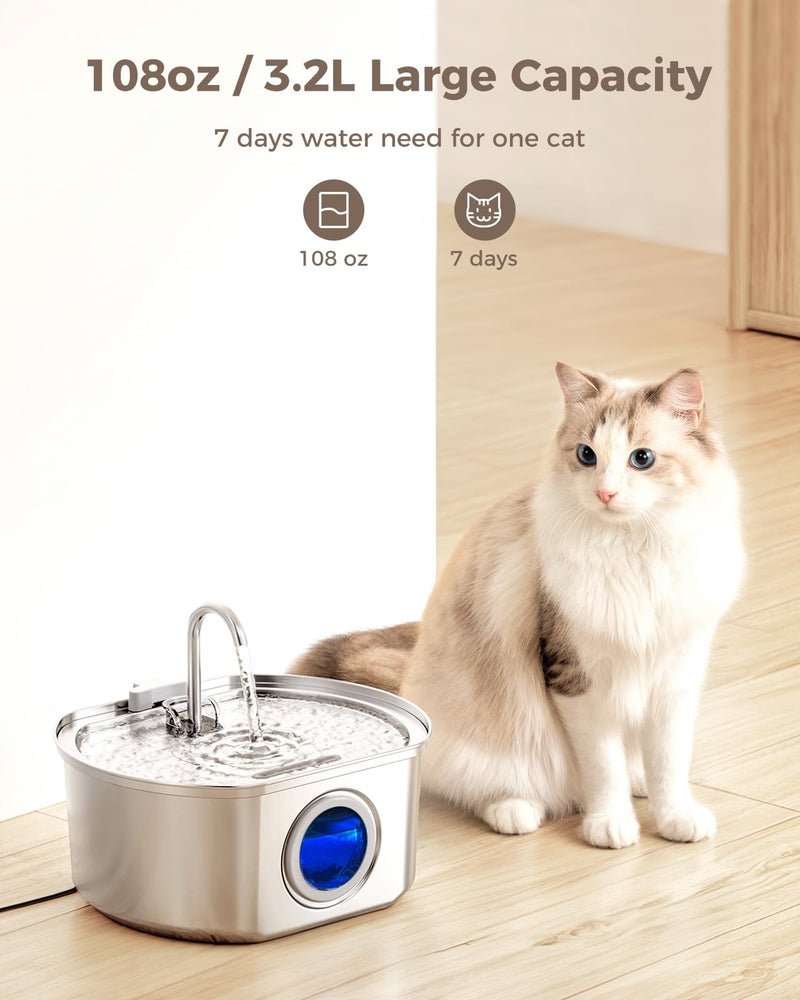 Neareal Cat Water Fountain Stainless Steel: 108oz/3.2L Cat Fountain for Drinking- Pet Water Fountain for Cats Inside - Automatic Cat Water Dispenser Bowl - Cat Feeding & Watering Supplies - Water Level Window - Image 2