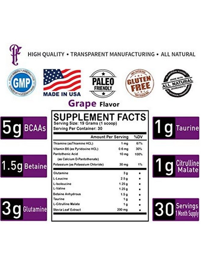 Bcaas With Stevia All Natural Branched Chain Amino Acids Powder With Glutamine & Sweetened With Stevia.Caffeine & Sucralose Free Grape Flavor No Sugar