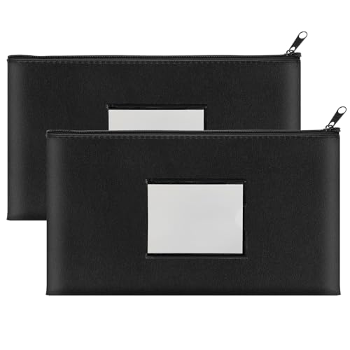 Hoiny 2 Pack Money Bags with Zipper, Bank Pouch with Label, 11 x 6.1 Inch PU Leather Cash Deposit Holder for Coins, Invoice, Bills, Cosmetics, Tools (Black) - Image 1