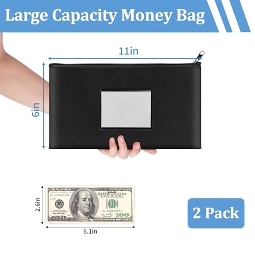 Hoiny 2 Pack Money Bags with Zipper, Bank Pouch with Label, 11 x 6.1 Inch PU Leather Cash Deposit Holder for Coins, Invoice, Bills, Cosmetics, Tools (Black) - Image 2