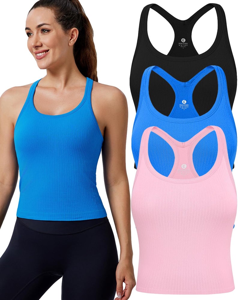 Evercute Women's 1/2/3 Pack Ribbed Workout Tank Tops with Built in Bra Racerback Seamless Crop Tank Tops Camisole Sport Tanks - Image 1