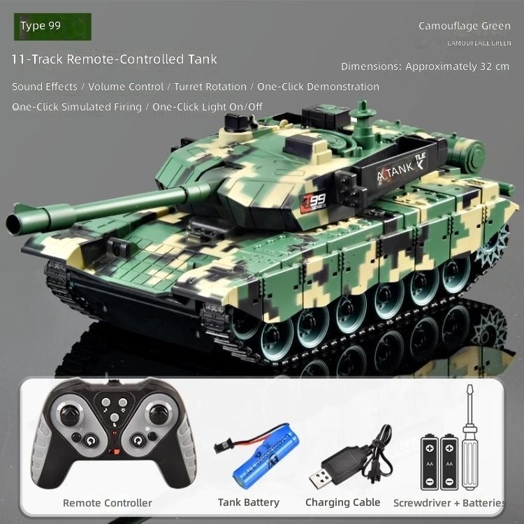 New Water Bullet Remote Control Tracked Tank Toy Car 99 Type for Kids Electric Launchable T90 Model Simulation Toy - 11-channel tracked tank with camouflage green, handle remote control - Image 1