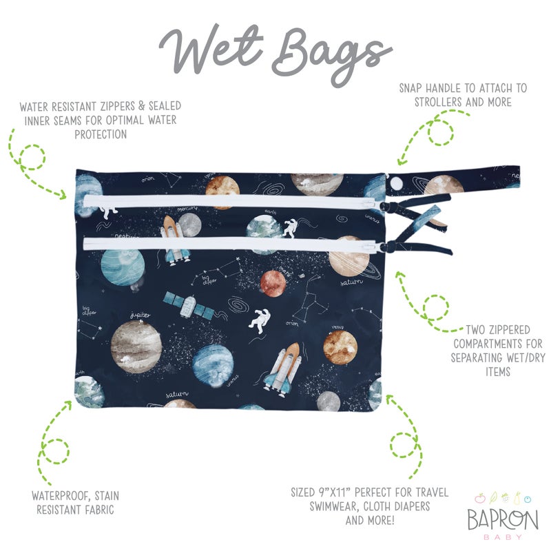 BapronBaby Outer Space Wet Dry Bag - Waterproof Two Zipper Pockets - Reusable for Mealtime, Diapers, Stroller, Snacks, Swimsuits - Machine Washable - 11" x 9" - Image 2