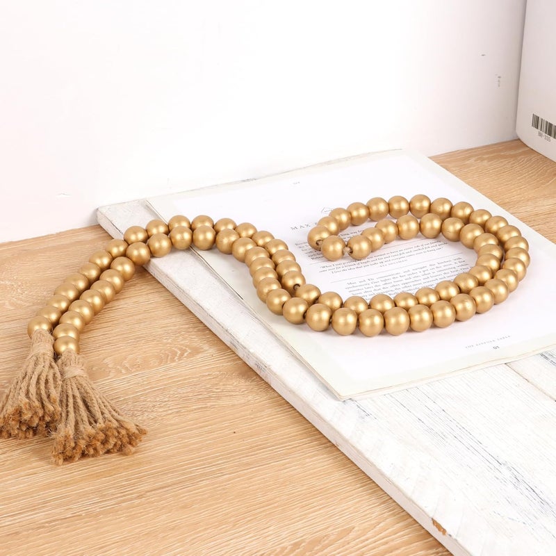 RAMIRABI 58in Wood Bead Garland with Tassels, Farmhouse Rustic Country Decor Prayer Boho Wall Hanging Decoration (Gold) - Image 4