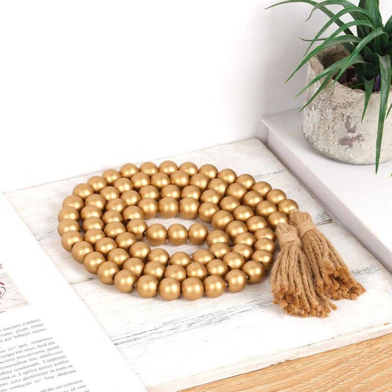 RAMIRABI 58in Wood Bead Garland with Tassels, Farmhouse Rustic Country Decor Prayer Boho Wall Hanging Decoration (Gold) - Image 2