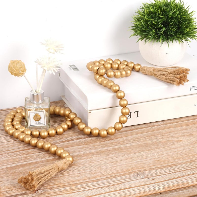 RAMIRABI 58in Wood Bead Garland with Tassels, Farmhouse Rustic Country Decor Prayer Boho Wall Hanging Decoration (Gold) - Image 3