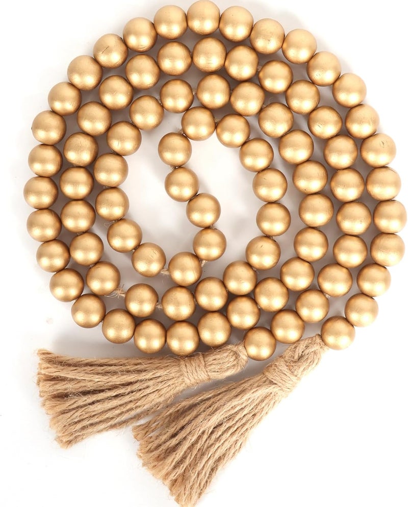 RAMIRABI 58in Wood Bead Garland with Tassels, Farmhouse Rustic Country Decor Prayer Boho Wall Hanging Decoration (Gold) - Image 1