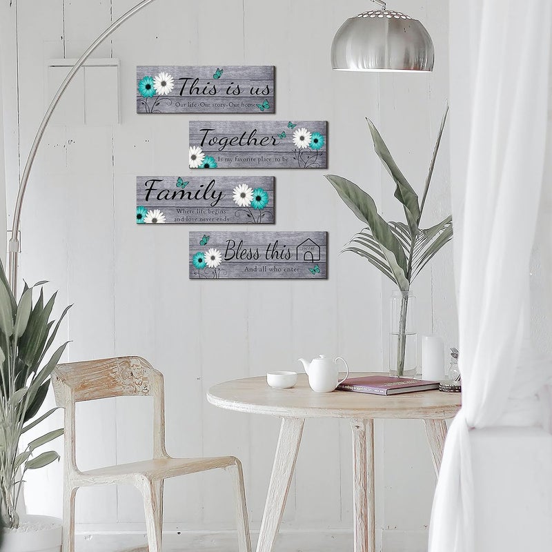 Joyhawk 4 Pcs Farmhouse Wall Decor with Teal Butterflies & Daisies, Rustic Wooden Signs Set (This is Us, Together, Family, Bless This Home), Grey Floral Wall Art for Living Room Bedroom, Housewarming - Image 5