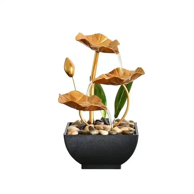 Zipzox Metal Tabletop Water Fountain Decor Ornaments with Waterfall Desktop Lotus Fountains Deep Basin and Natural River Rocks Indoor Zen Relaxation for Office Bedroom Decor Item Golden 1 PCS  - Image 1