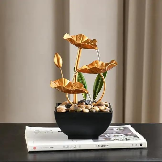 Zipzox Metal Tabletop Water Fountain Decor Ornaments with Waterfall Desktop Lotus Fountains Deep Basin and Natural River Rocks Indoor Zen Relaxation for Office Bedroom Decor Item Golden 1 PCS  - Image 2