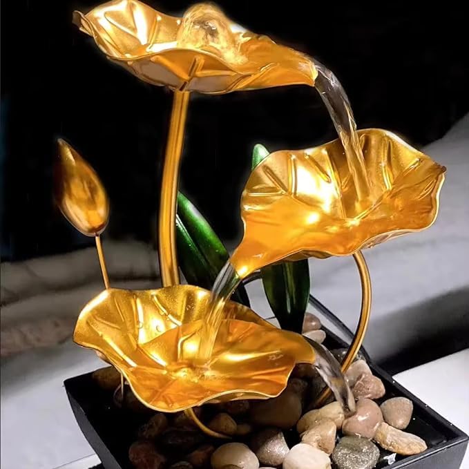 Zipzox Metal Tabletop Water Fountain Decor Ornaments with Waterfall Desktop Lotus Fountains Deep Basin and Natural River Rocks Indoor Zen Relaxation for Office Bedroom Decor Item Golden 1 PCS  - Image 5