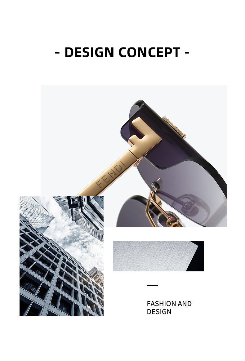 Fendi Rimless Oval Gradient Grey Pink Sunglasses Gold Metal Frame Rhinestone FF Logo UV400 Luxury Shades for Women Driving Travel - Image 3