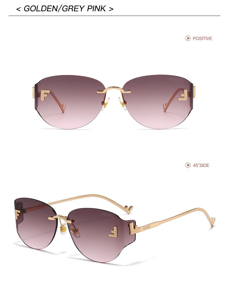 Fendi Rimless Oval Gradient Grey Pink Sunglasses Gold Metal Frame Rhinestone FF Logo UV400 Luxury Shades for Women Driving Travel - Image 2