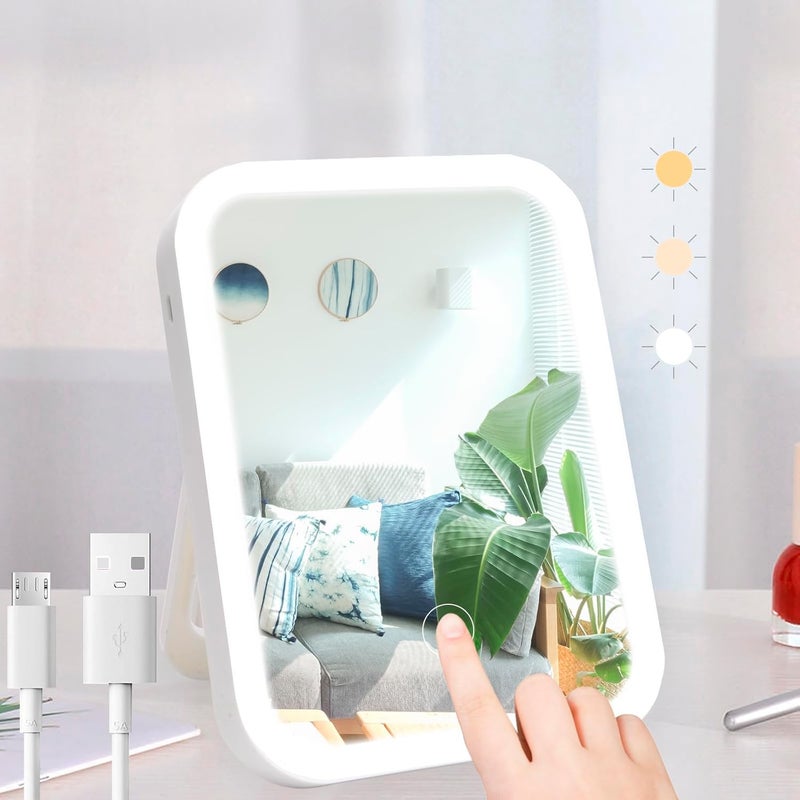 Nerien Makeup Mirror with Lights, Lighted Vanity Mirror, Dimmable Touch Screen, Portable Travel Mirror with U-Shaped Bracket, Cosmetic Mirror with Lights for Makeup Desk Dressing Room