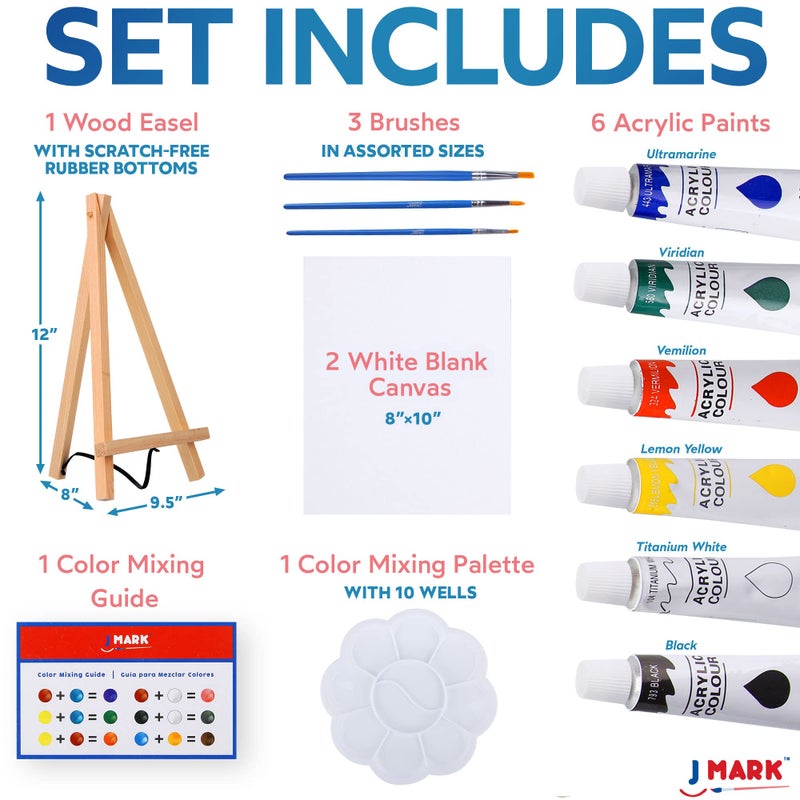J MARK Paint Set – Mini Canvas Acrylic Painting Kit with Wood Easel, Canvases, Paint, Brushes & More - Image 2