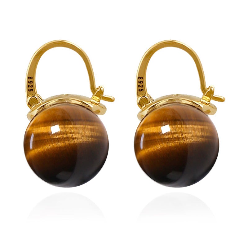 OwMell Elegant 925 Sterling Silver Pearl Drop Earrings Dangle Stud Gold Plated Earrings for Women Large Size 12mm - Tiger's Eye - Image 1