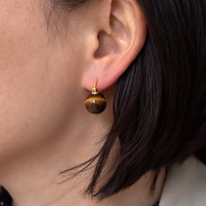 OwMell Elegant 925 Sterling Silver Pearl Drop Earrings Dangle Stud Gold Plated Earrings for Women Large Size 12mm - Tiger's Eye - Image 3