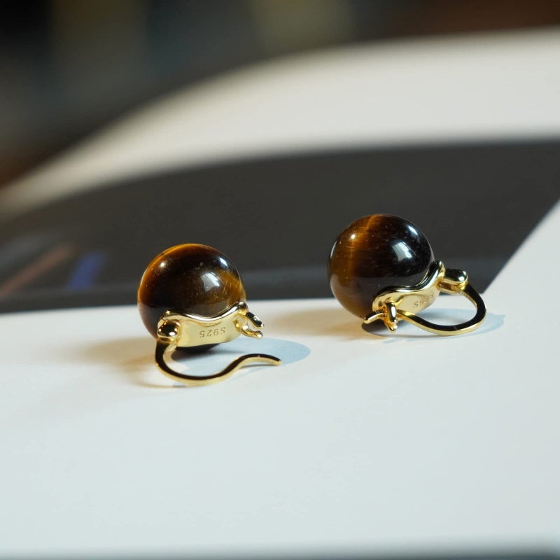 OwMell Elegant 925 Sterling Silver Pearl Drop Earrings Dangle Stud Gold Plated Earrings for Women Large Size 12mm - Tiger's Eye - Image 5