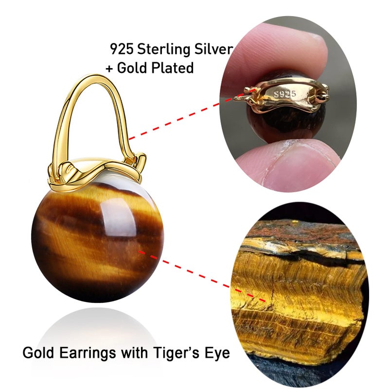 OwMell Elegant 925 Sterling Silver Pearl Drop Earrings Dangle Stud Gold Plated Earrings for Women Large Size 12mm - Tiger's Eye - Image 2