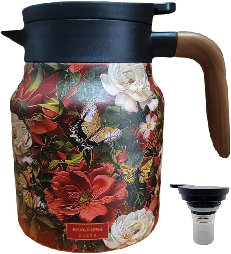 MofivKce 1000ml Smart Temperature Control Vintage Floral Tea Thermos Stainless Steel Insulated Mug with Built-In Filter Double Wall Vacuum Travel Tumbler for Hot Cold Drinks (Red flower) - Image 1