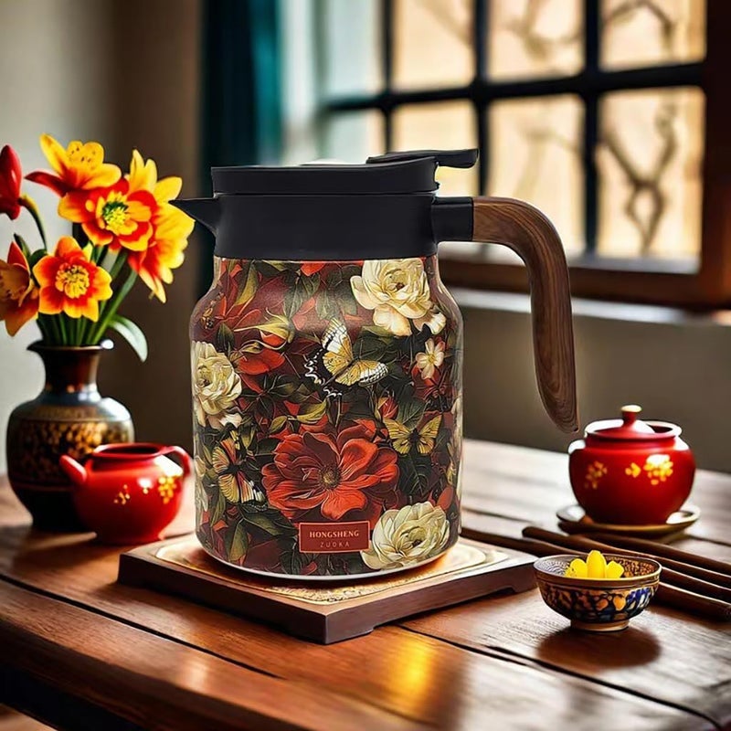 MofivKce 1000ml Smart Temperature Control Vintage Floral Tea Thermos Stainless Steel Insulated Mug with Built-In Filter Double Wall Vacuum Travel Tumbler for Hot Cold Drinks (Red flower) - Image 2