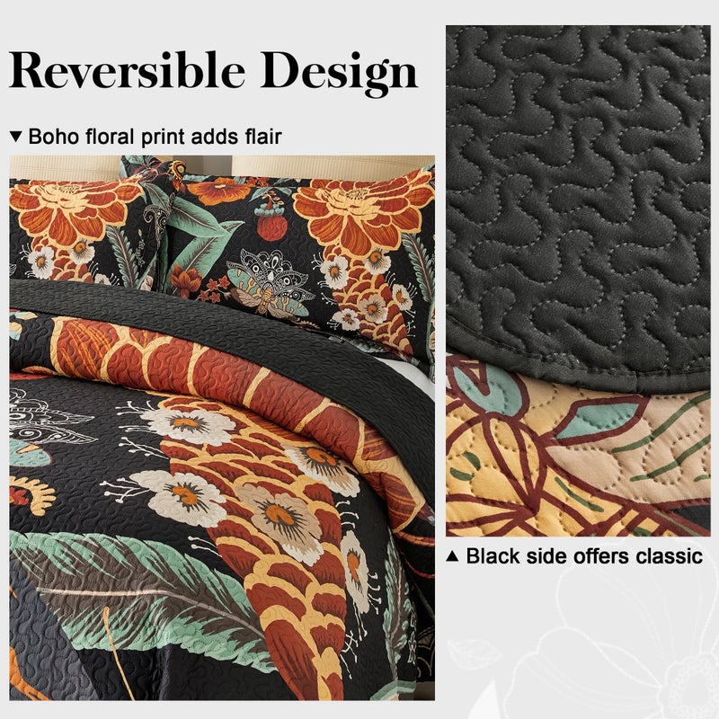 Tyrot 3 Piece Black Boho Floral Full/Queen Quilt Sets Reversible Farmhouse Botanical Lightweight Bedspread Coverlet with 2 Shams Butterfly Microfiber Bedding Quilts Set for All Season, 90''x96'' - Image 3