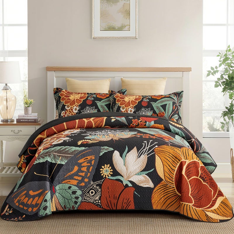 Tyrot 3 Piece Black Boho Floral Full/Queen Quilt Sets Reversible Farmhouse Botanical Lightweight Bedspread Coverlet with 2 Shams Butterfly Microfiber Bedding Quilts Set for All Season, 90''x96'' - Image 1