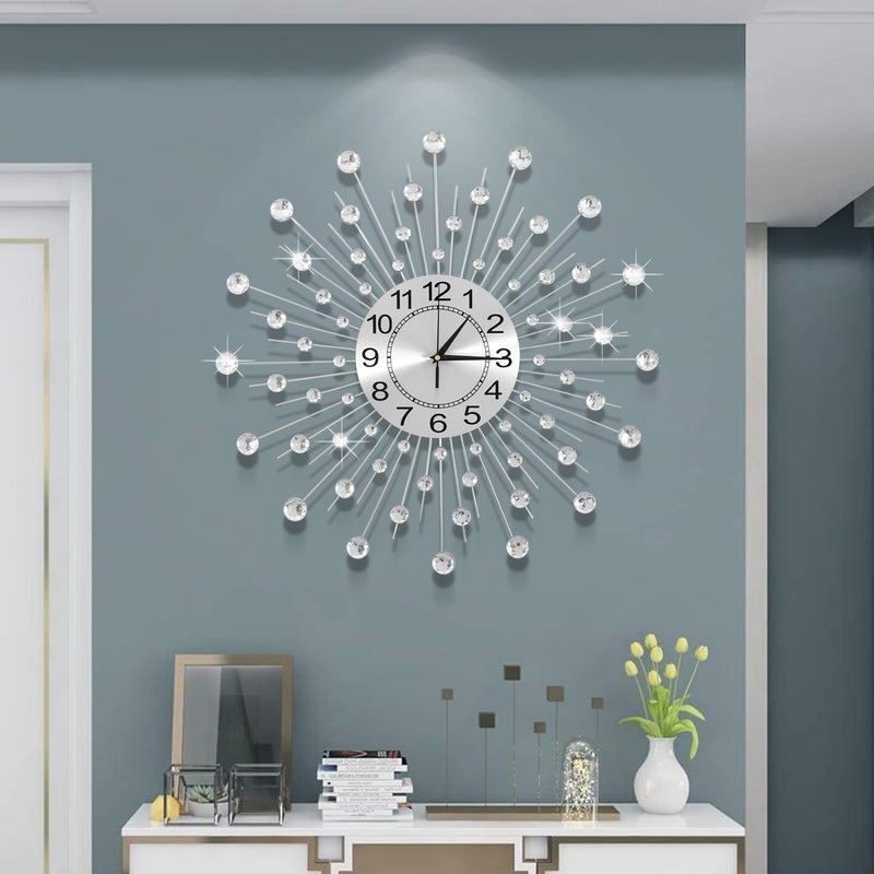 JUGV 24 Inch Crystal Large Modern Metal Starburst Decor Bling Crystal Wall Clock for Kitchen Office Bedroom Living Room Decorative