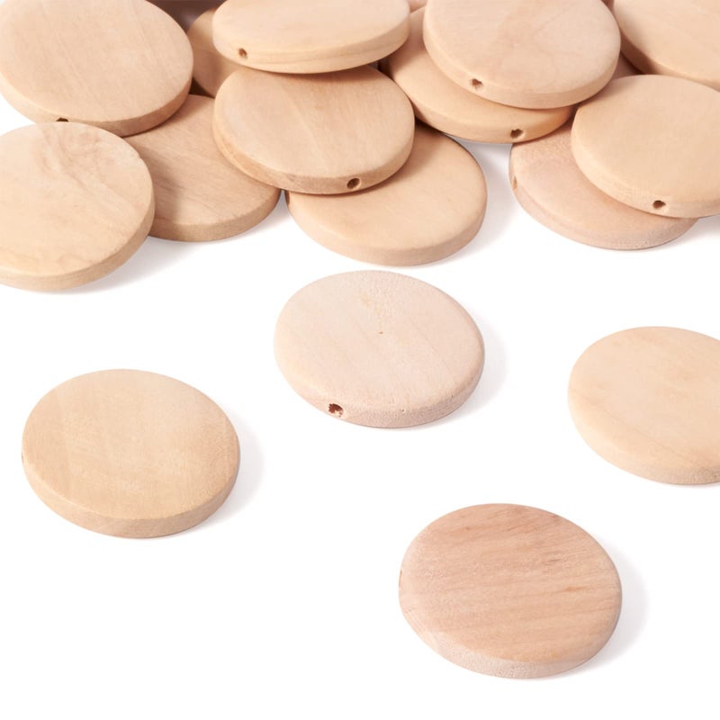Craftdady 50Pcs Unfinished Natural Flat Round Wood Coin Beads Circle Round Wooden Slices Cutouts 118 Inch Unpainted Board Tags for Jewelry Craft Making Hole 25mm