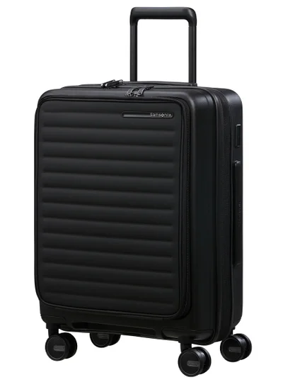 Samsonite Restackd Easy Access Suitcase Cabin Size 55 cm / 20 inch, 4 Spinner Wheels, Polypropylene, Black|TSA Combination Lock|Shock Absorbing Wheels|Expandable|Front Laptop Compartment - 5 Years International Warranty