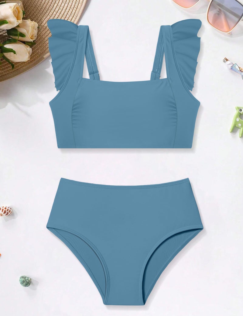 ZAANTI Girls Bathing Suit Size 12 Square Neck Design Adjustable Shoulder Straps Ruched Ruffle Trim Girl Swimsuit Size 10-12 with Removable Chest Pad Girls Bathing Suit Two Piece Blue - Image 5