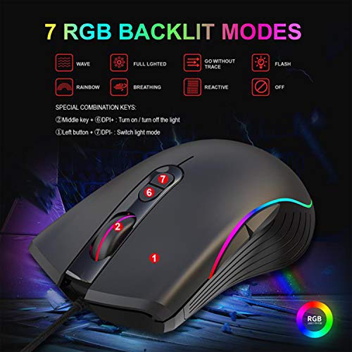 US1984 RGB Gaming Mouse Wired Ergonomic USB Mice 6400 DPI, 7 Buttons & 7 Color Backlit Modes Gaming Mouse for Laptop PC Gamer Computer Desktop (RGB Gaming Mouse) - Image 2