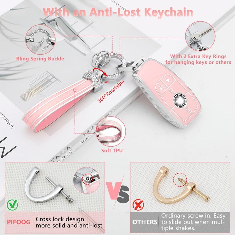 PIFOOG Key Fob Cover for Mercedes Benz Pink Bling Keychain Accessories 4 Button Car Keys Case Shell Protector for Mercedes - Benz AMG GLC GLE GLA GLB C300 GLS CLA CLS S G A E Class Girly Women TPU - Image 4