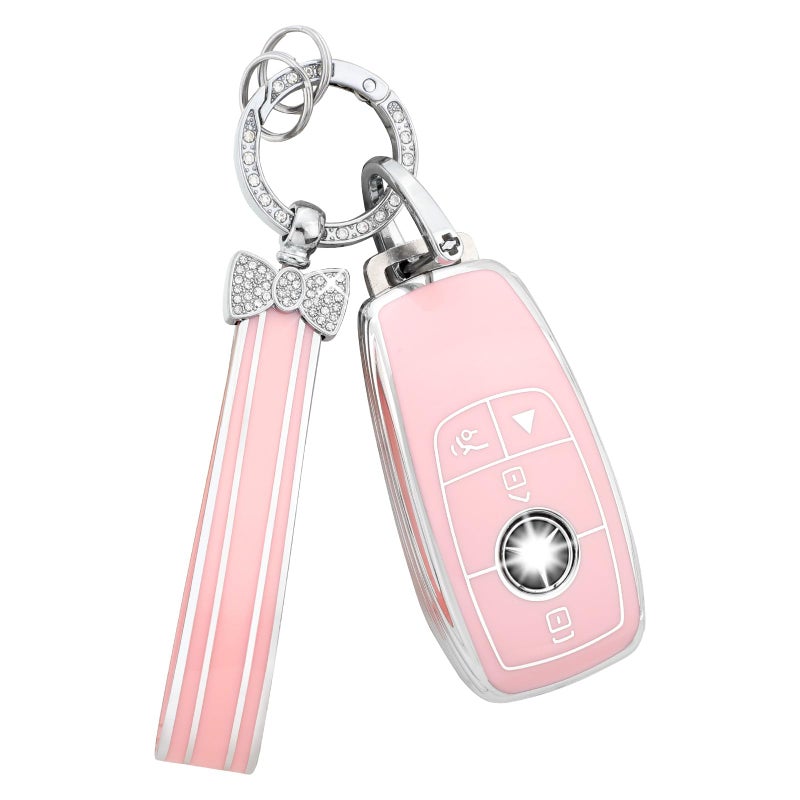 PIFOOG Key Fob Cover for Mercedes Benz Pink Bling Keychain Accessories 4 Button Car Keys Case Shell Protector for Mercedes - Benz AMG GLC GLE GLA GLB C300 GLS CLA CLS S G A E Class Girly Women TPU - Image 1