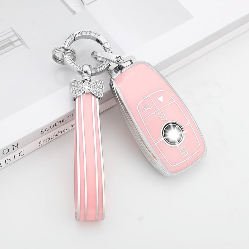 PIFOOG Key Fob Cover for Mercedes Benz Pink Bling Keychain Accessories 4 Button Car Keys Case Shell Protector for Mercedes - Benz AMG GLC GLE GLA GLB C300 GLS CLA CLS S G A E Class Girly Women TPU - Image 3