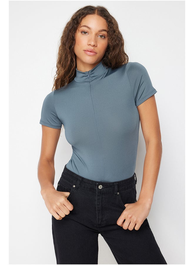 trendyol Light Anthracite Zipper High Neck Zipper Short Sleeve Flexible Snaps Knitted Body TWOAW21BD0009  - Image 2